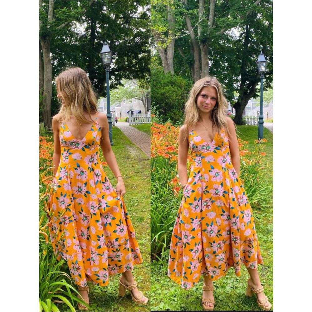 Free People Finer Things Printed Halter Midi Dress Sunshine Combo Tropical Small - Picture 4 of 16